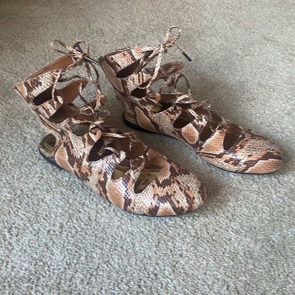 Kali Flat Lace Up Gladiator Ankle Boots Fauc Snakeskin